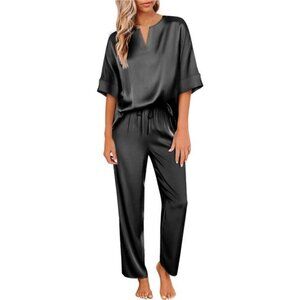 Women's Silk Satin Pajama Set V-Neck Short Sleeve Shirt & Long Pants Loungewear
